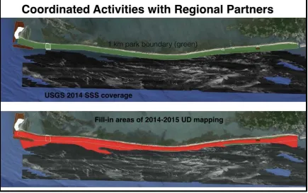 Figure 6. Overview of study site area showing park boundary (green) and recent USGS coverage along with UD mapping team gap filling coverage (red)