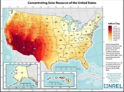 Figure 1. Concentrating solar resource of the US source: National renewable energy laboratory solar data center.