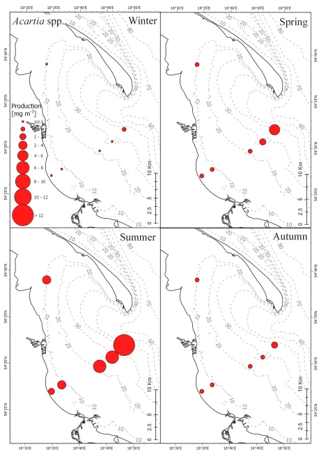Figure 10. Horizontal distribution of average secondary production rates of Acartia spp
