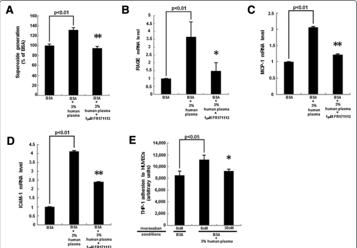 Figure 4 Effects of FR171113 or rivaroxaban on superoxide generation (A), RAGE (B), MCP-1 (C), ICAM-1 (D) gene expression in, and THP-1 cell adhesion to (E), HUVECs