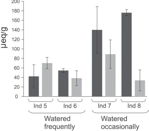 Fig. 2. Effect of the water regime on titratable acidity. The titratable acidity (in microequivalents per gram of frozen weight, samples taken at the end of the dark phase (dark grey) and at the end of the light phase (light grey)
