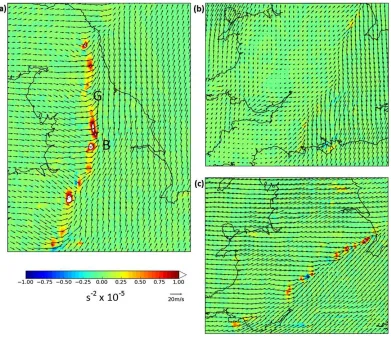FIG. 7. Vorticity stretching ﬁelds at (a) 1430 UTC 29 Nov 2011, (b) 2000 UTC 22 Nov 2012, and (c) 1530 UTC 8 Dec2011