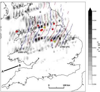 FIGtween 1000 and 1800 UTC 29 Nov 2011. The data are mapped here to a 10-km grid for clarity(hence, stretching values are lower than shown inNCFR segments at 30-min intervals are shown by the blue and red solid lines (drawn only for1300–1700 UTC, over the 