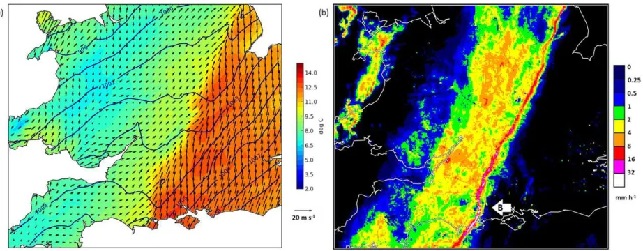 FIG. 4. (a) 5-km gridded temperatures, winds, and pressure. (b) Composite radar rainfall imagery for 2000 UTC 22 Nov 2012 (type-BNCFR)