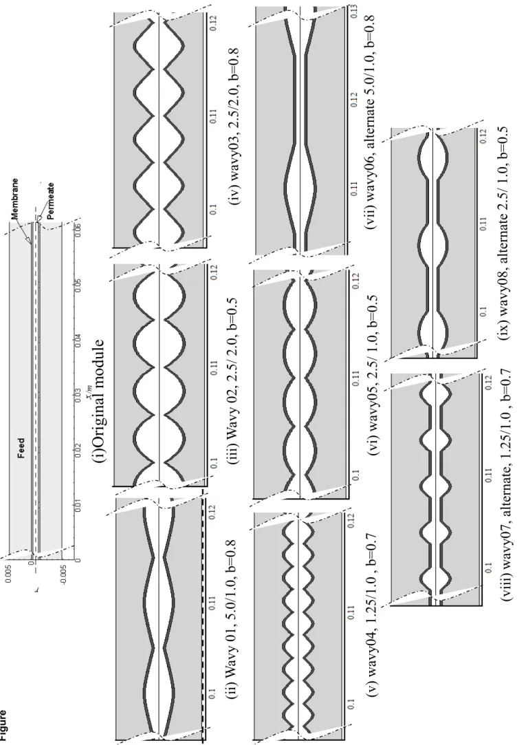 Fig. 1a. Schematic of axially-symmetry single fiber modules in CFD simulating domains(i)Original module(vii) wavy06, alternate 5.0/1.0, b=0.8 (vi) wavy05, 2.5/ 1.0, b=0.5 (v) wavy04, 1.25/1.0 , b=0.7 (ii) Wavy 01, 5.0/1.0, b=0.8 (iii) Wavy 02, 2.5/ 2.0, b=