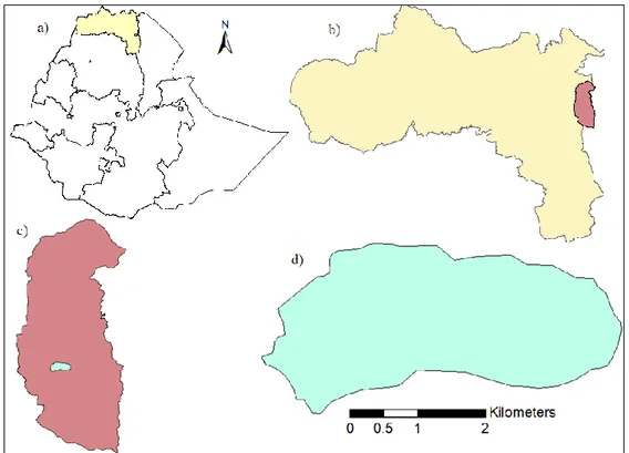 Fig. 1 Location of the study area: a) Ethiopia, b) Tigray indicating Atsbi-Wonberta district, c) Atsbi-Wonberta  indicating Gergera watershed and d) Gergera watershed