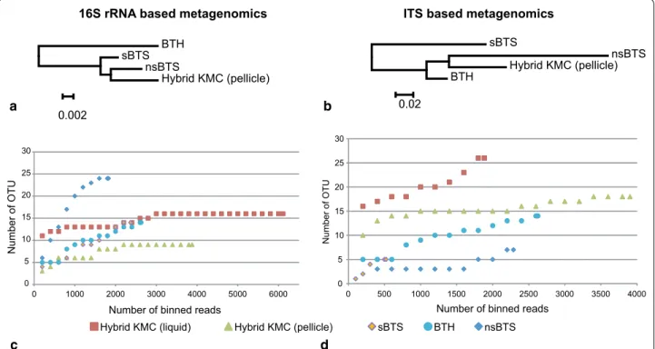 Figure 4  Statistical analysis of metabarcode datasets based on 16S rDNA (parts a and c) and ITS (pats b and d) amplicons