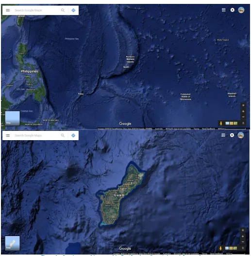Figure 1 – Google map of the area of the Pacific where Guam is located. Images from www.google.com.au/maps/@13.443597,144.6068712,3065433m/data=!3m1!1e3 and www.google.com.au/maps/@13.4649666,144.8169847,95786m/data=!3m1!1e3\  
