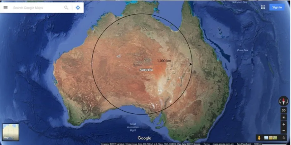 Figure 3 – The 1,000-km radius circle around Alice Springs superimposed to the map of 
