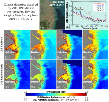 Figure 3. Coastal dynamics in the Hangzhou Bay and Yangtze River Estuary along China’s east coast between 12–14 April 2017 for (a) RSB daytime true color image on 13 April 2017, (b) DNB radiance ratio R along the transect line indicated in Fig