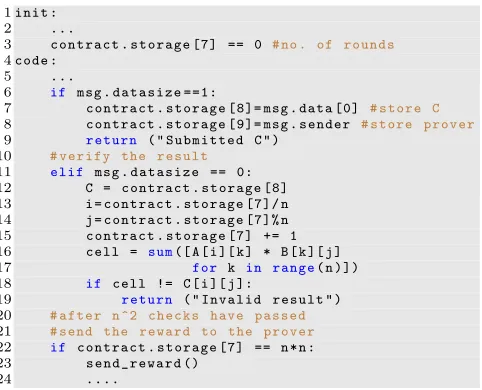 Figure 5: Matrix multiplication with O(n) work per transactionon a consensus computer.