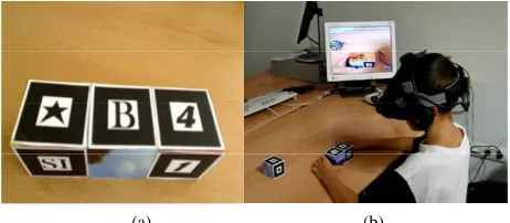 Figure 16. (a) The three cubes used in the game; (b) A boy is trying to find the Orinoco crocodile in game [22]