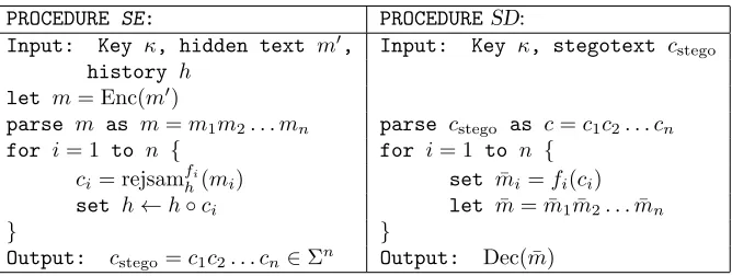 Figure 1: Encryption and Decryption algorithms for the one-time stegosystem in the current history model.