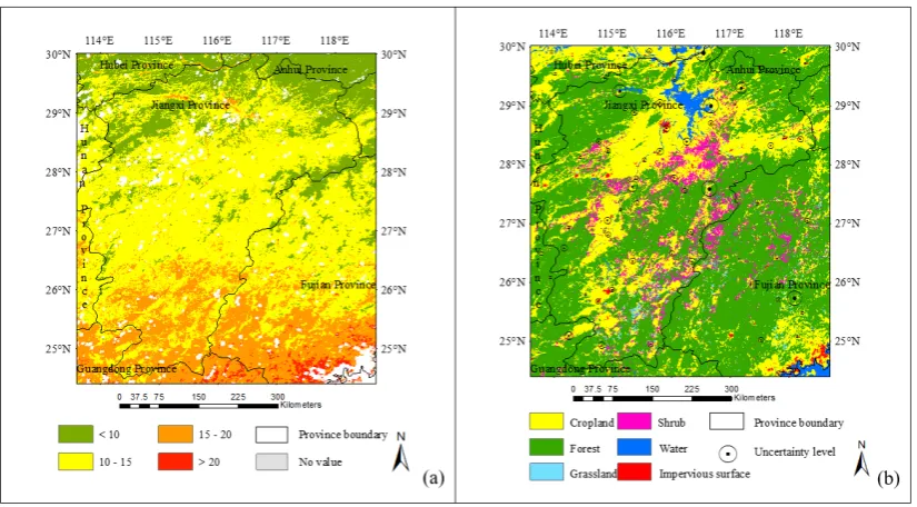 Figure 7. Spatial patterns of the estimated Tamax (uncertainties at the stations (a) on 31 December 2010, and the corresponding b)