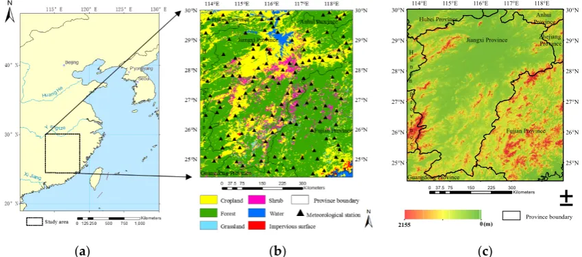 Figure 1. Maps of the study area (meteorological stations map; (a) Location map; (b) Land cover and the spatial distribution of c) Topographic map