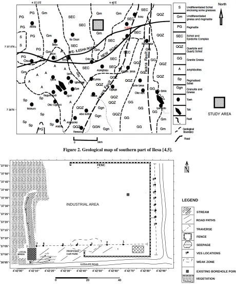 Figure 2. Geological map of southern part of Ilesa [4,5]. 