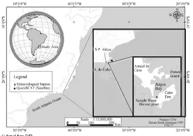 Figure 1. Study area with the points representing Sâo Pedro d’Aldeia surface weather station (22˚do Cabo (222357'S/42˚06'W) and Arraial ˚57'S/42˚14'W) tide gauge station, satellite QuickSCAT winds in 22˚52'S/41˚52'W and water harvest point in ˚00'S/42˚00'W