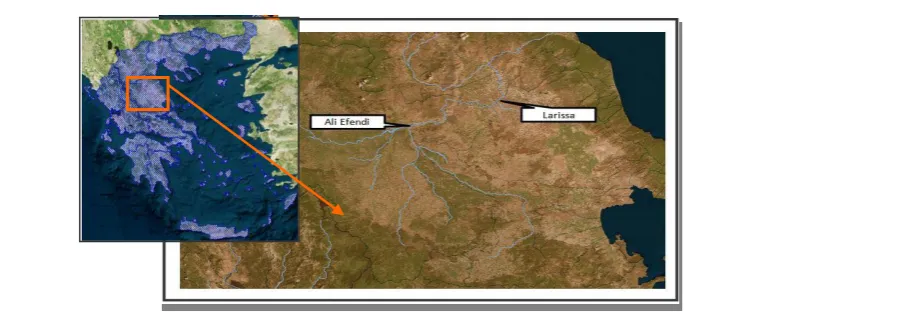 Figure 2. Study area: Pinios river basin (upstream Ali Efendi and Larissa hydrometric stations)