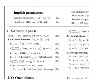 Fig. 3. Protocol #2 – X&Q bit-string commitment scheme. Legend: legend of Fig. 1 also applies;(statistical security parameter, e.g.,attack);evaluationcomplementary subsets, the ﬁrst withschemethey must satisfy σ 40 ≡ 140); n, v, e (number of total instance