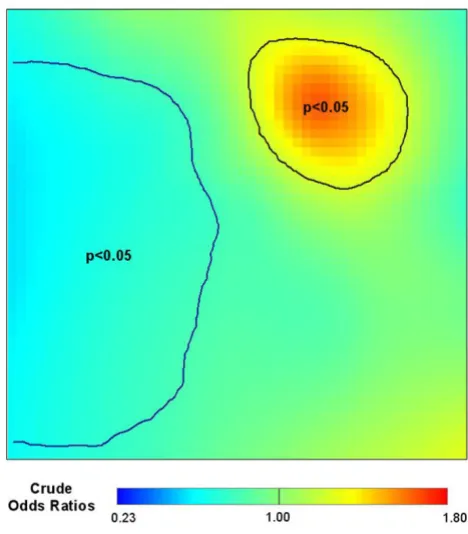 Figure 4Pointwise p-valuesPointwise p-values. We permuted the locations of sub-jects and reran the GAM model 999 times to estimate the distribution of log odds under the null hypothesis at each point