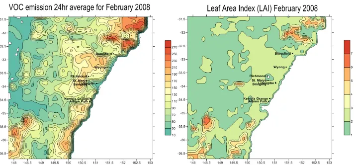 Figure 2. VOC monthly 24 hourly average emission (kg/hour) (left) and Leaf Area Index (LAI) (right) for February 2008