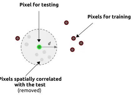Figure 4. Spatial leave-one-out cross-validation (SLOO-CV) schema for one class. One pixel is usedfor testing