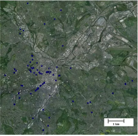 Figure 1. The location of the historical photographs from the 1900s(white circles) and the 1950s (blue squares) in urban Shefﬁeld