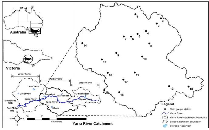 Fig. 1. Location of the study area and the nineteen rain gauge stations 