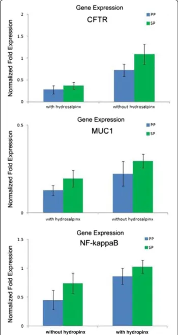 Table 2 CFTR, NF KappaB and MUC1 protein expression in endometrial tissues in the proliferative phase and secretory phase from infertile patients with or without hydrosalpinx