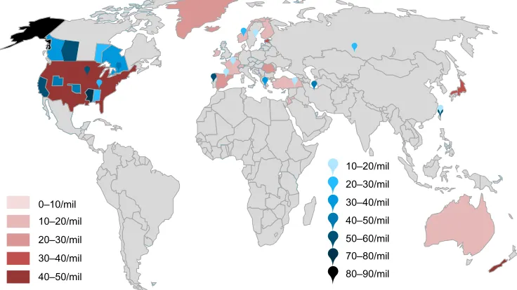 Figure 2 Relative annual incidences of countries, states/provinces, and regions.Notes: The red color scheme illustrates incidences of countries