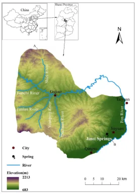 Figure 1. Location and digital elevation model (DEM) of Jinci Springs catchment. 