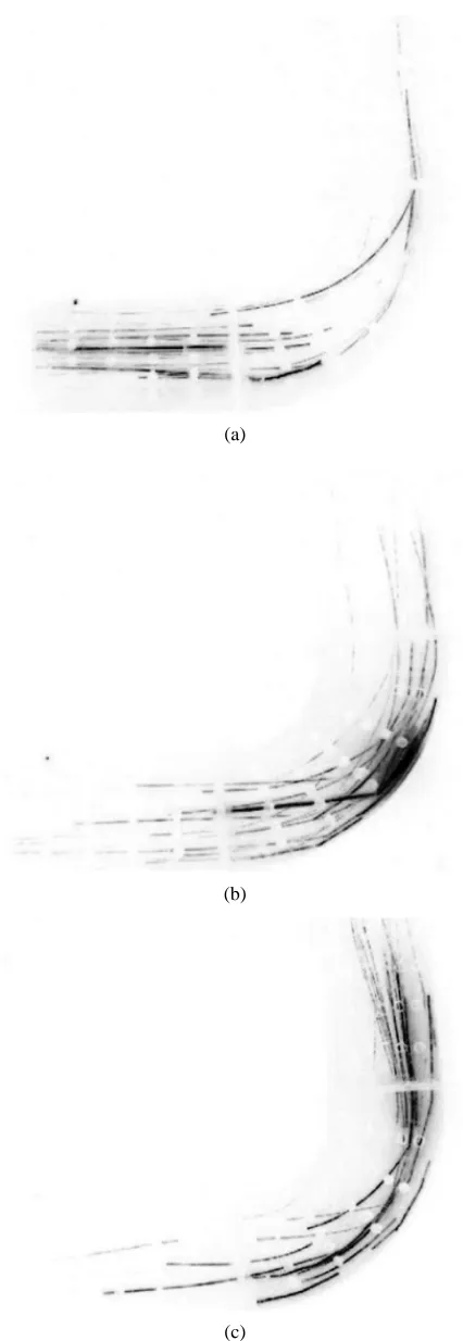 Figure 12. Visualization of flow pattern in the 90˚ bend sec- tion. (a) Upstream duct; (b) 90˚ Bend section; (c) Down- stream duct