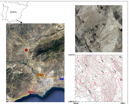 Figure 1. Location of the study area (red point in the figures of the left side), and orthophoto (right, up) and contour map (right, down)
