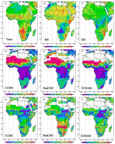 Figure 6. Greenhouse warming anomalies as compared to present Day in DJF. Maximum temperature ((a), ˚C), relative hu- midity ((b), %) and days of drought (c)