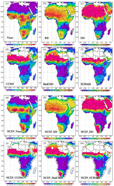 Figure 3. Present day maximum temperature ((a), ˚C), relative humidity ((b), %) and number of days of drought (c) averaged for December-January-February (DJF)