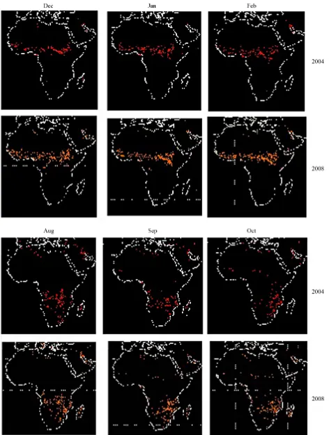 Figure 5. Satellite-detected hot spots with brightness temperature higher than 308 K in the years 2004 and 2008 during De- cember-January-February and August-September-October