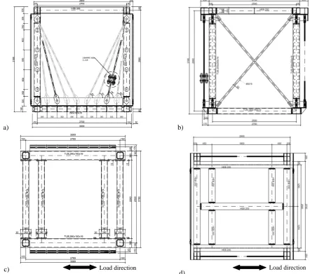 Fig. 8 Set-up for shaking table tests: a) special eccentric bracing system, b) X-bracing system; c) bottom beam grid, d) top beam grid  