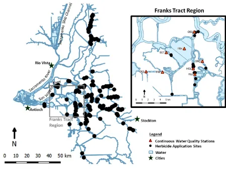 Fig. 1 Locations of treated patches of water hyacinth throughout the Delta with an inset map showing locations of continuous water quality stations in the Franks Tract region that were used in the calculation of regional baseline values