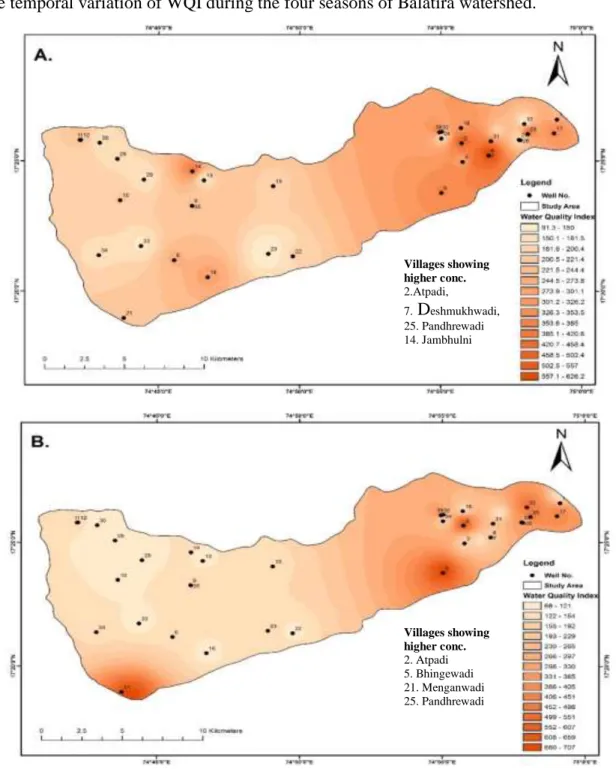 Figure 4.50: Maps showing the spatial distribution of WQI in groundwater samples from Balatira watershed 