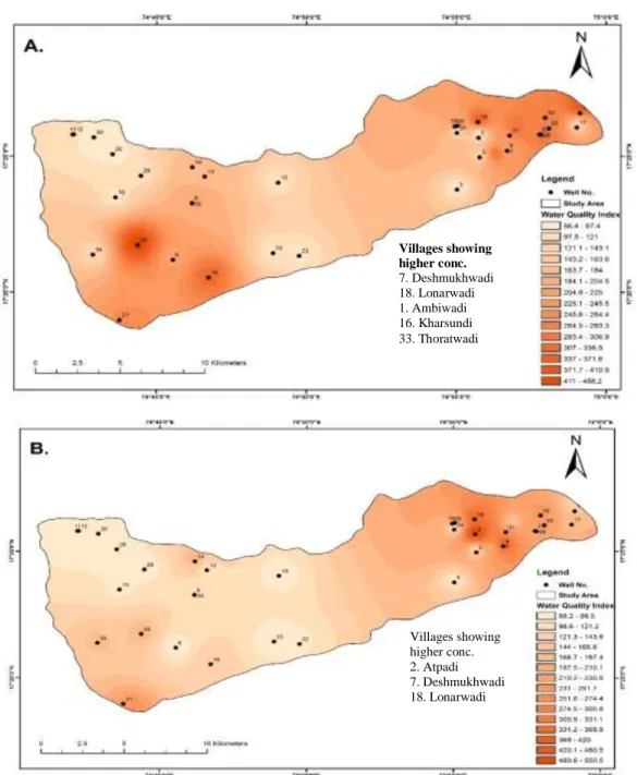 Figure 4.51: Maps showing the spatial distribution of WQI in groundwater samples from Balatira watershed 
