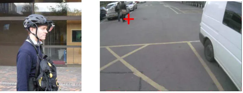 Figure 1 – SMI iView X HED mobile eye tracking system (left) and screenshot from recorded video (right)