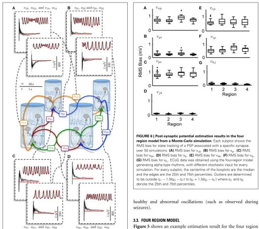 FIGURE 5 | Post-synaptic potential and connectivity gain estimationresults for the four region model showing parameter convergence.and four to three (lower).PSP and interconnectivity gains from region two to one (upper) and three(lower).interconnectivity g