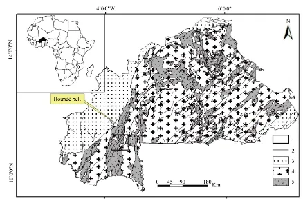 Figure 1. Global geological map of Burkina Faso (West Africa), showing Birimian [15]. 1: Study area; 2: Fault; 3: Neoproterozoic to paleozoic sedimentary basin; 4: Eburnean Granitic rock; 5: Birimien volcano-sedimentary rock