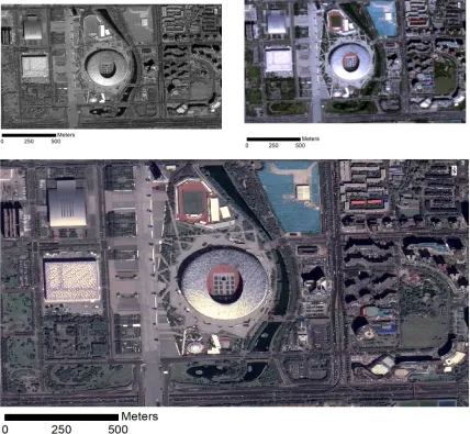 Figure 1. Sample images captured by GF-2 PMS sensors: the 3 images cover the same area around National Stadium at Beijing, upleft is panchromatic image with resolution of 1.0m, upright is the true color composite of multi-spectral image with resolution of 