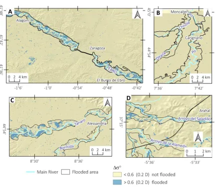 Figure 6. Detection of flooded areas based on the difference of SAR backscattering (Δσo) with Sentinel-1 data: A) 2015 Ebro flood; 2016 Po basin flood in South Turin area (B) and Alessandria area (C); 2017 Arahal flood (D)