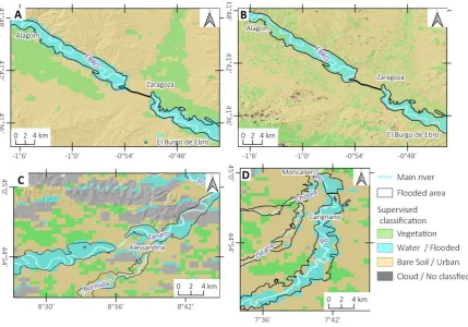 Figure 7. Supervised classification based on: A) MODIS image acquired on 2 March 2015 and B) Landsat-8 Images acquired on 3 March 2015 over Ebro valley; MODIS-Aqua images acquired on 26 November 2016 over Alessandria (C) and Turin (D) areas