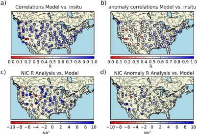 Figure 8: Maps of correlation (R) on volumetric time-series (a) and anomaly time-series (b) between in situ measurements at 5 cm depth from the USCRN network and soil moisture from the model (third layer of soil between 4 cm and 10 cm) from 2010 to 2016