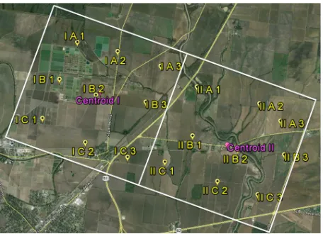 Figure 1. Sampling position of NWS-PA 4 km × 4 km grid cells near Stoneville, MS (lower left corner of image), with grid centroids (pink balloons), and rain gauge locations (yel- low balloons) and enumeration indicated