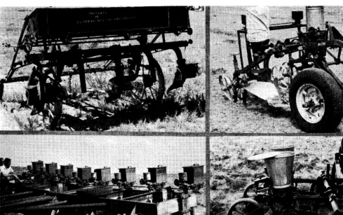 FIGURE 1. Top, Zeft-Seeding attachment used on lister dammer to seed contour furrows. Wyoming-1939; right-Range interseeder developed by Peter N