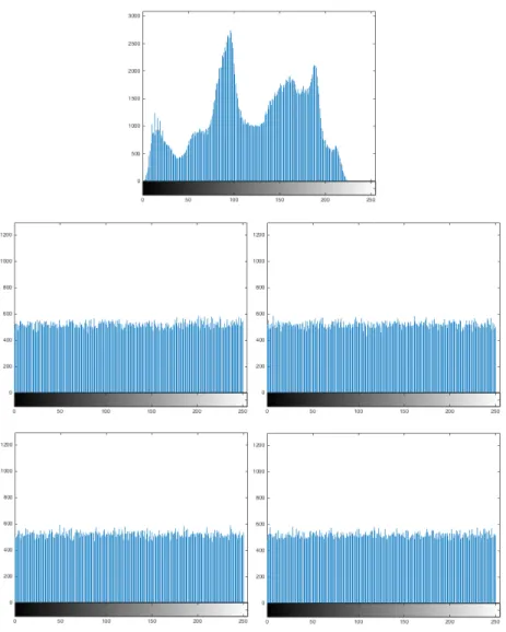 Figure 4: Histogram of 512 × 512 Original Image (OI); Histograms of 256 × 512 Shadow Images S 1 , S 2 , S 3 , S 4 respectively